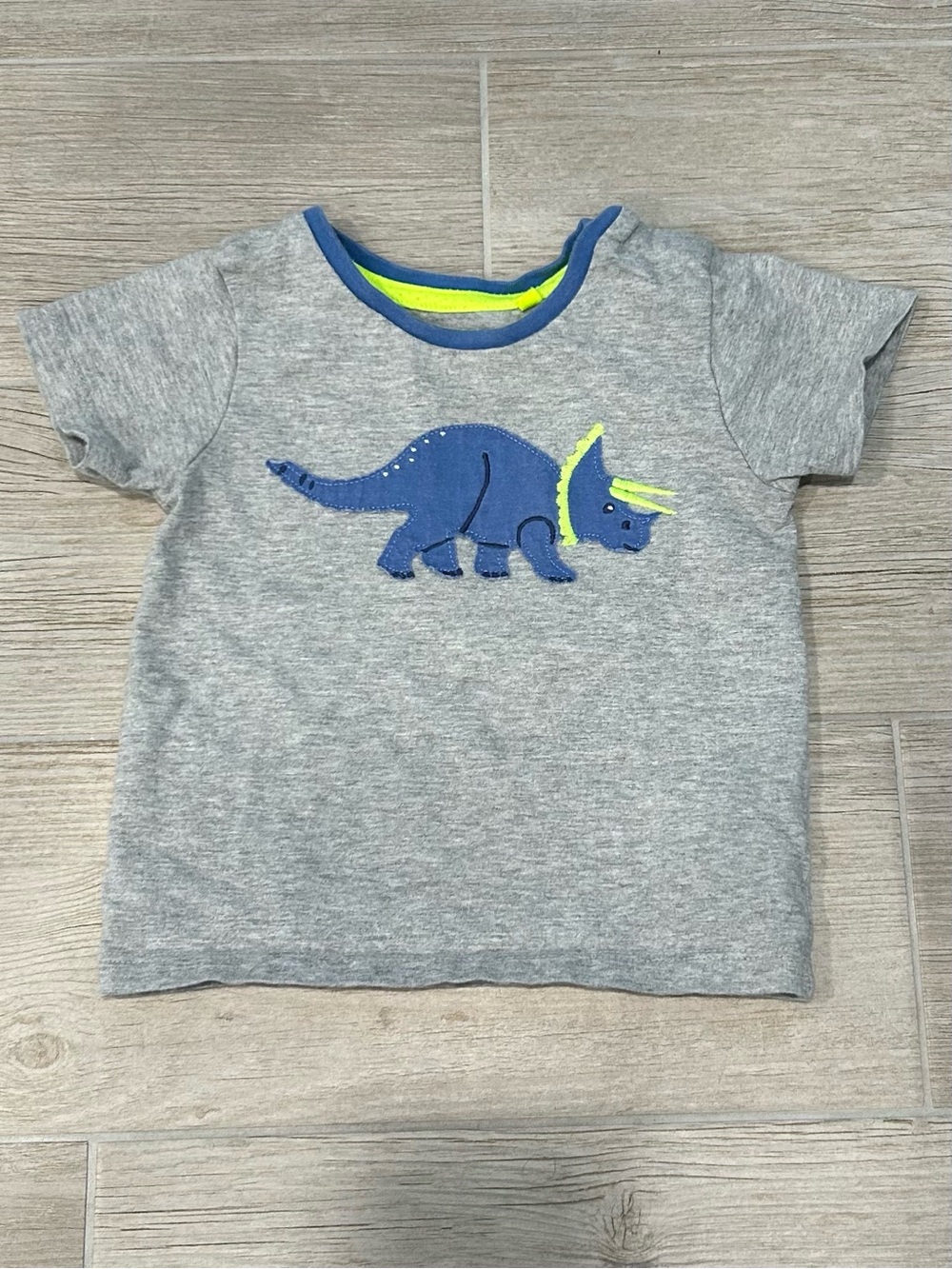 Baby Boden Gray Tee with Blue Dinosaur and Neon Yellow Trim